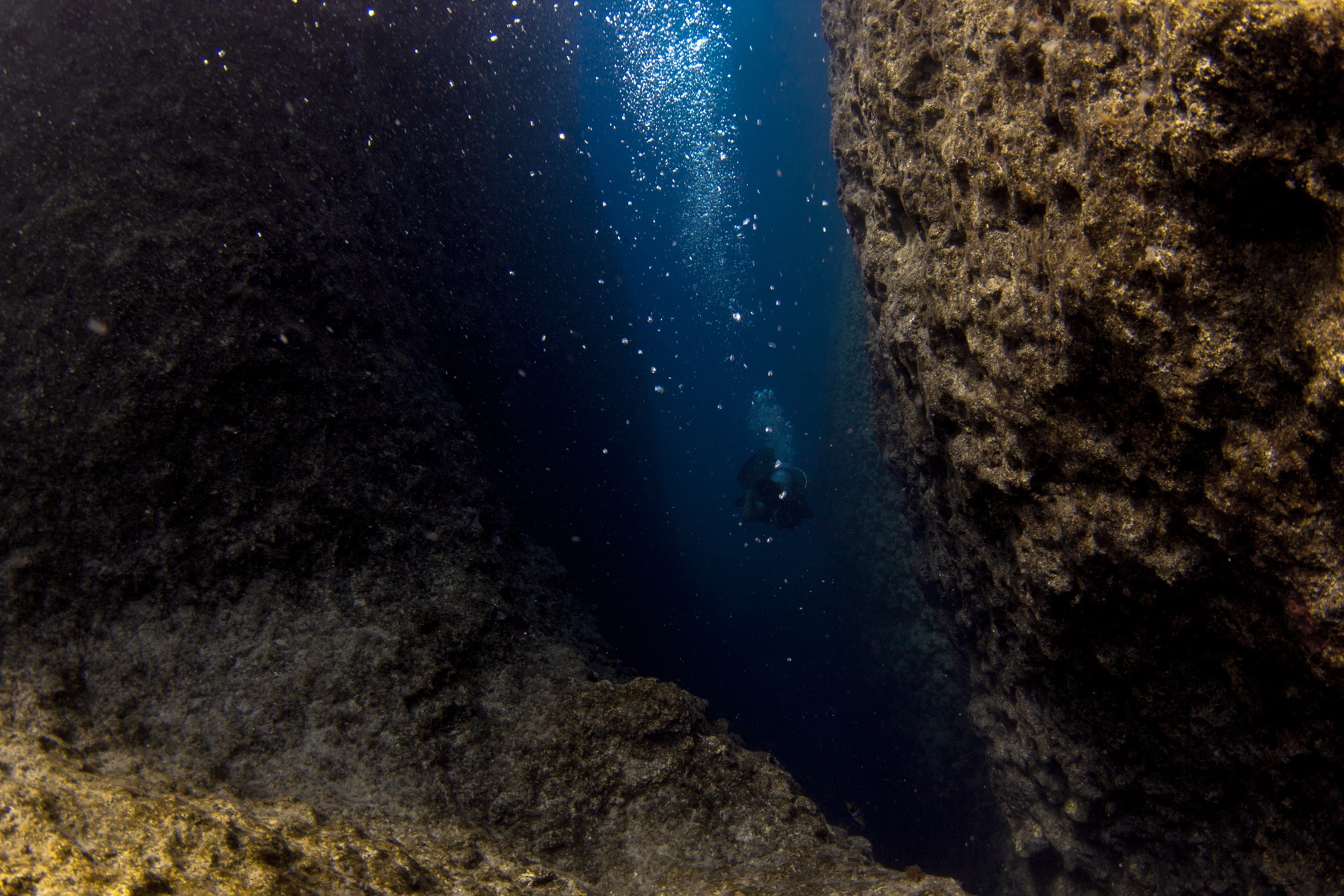 A diver descending into canyon